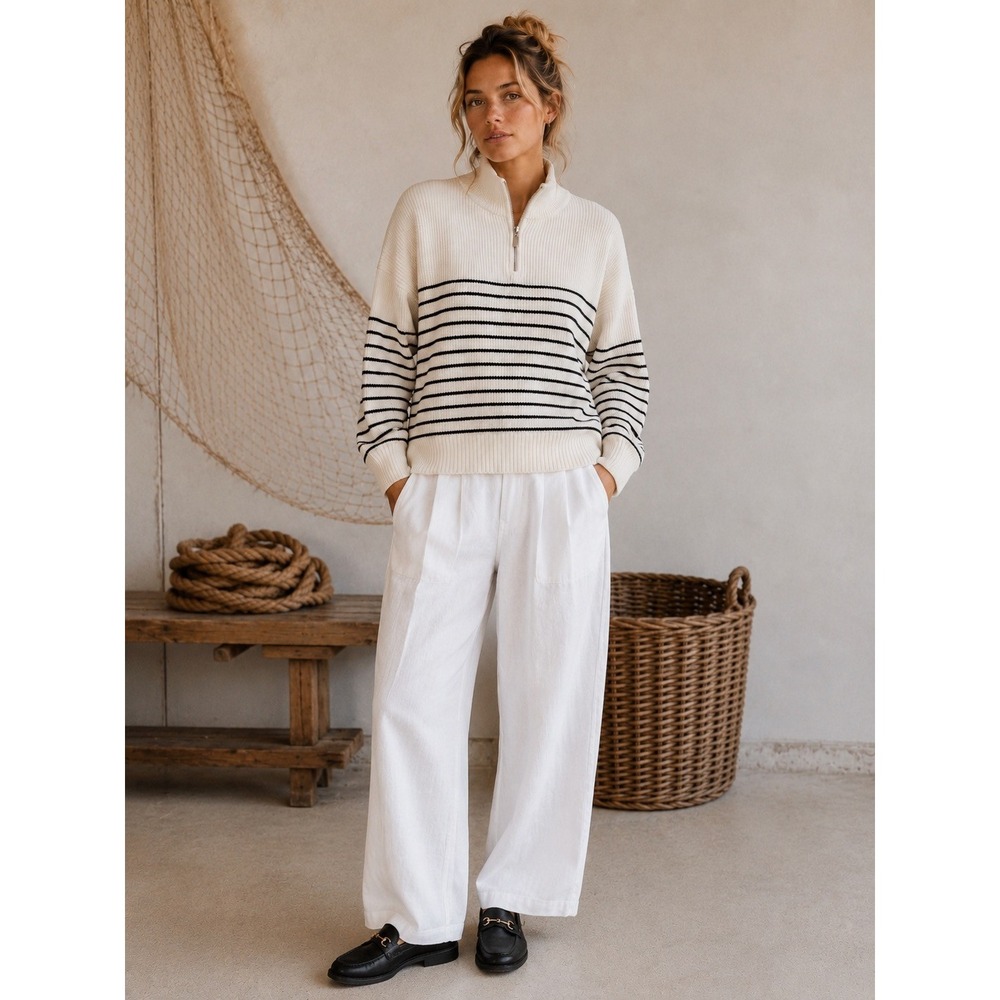 Mango MNG Striped Half Zip Sweater Small Coastal Fisherman Nautical‎ Knit